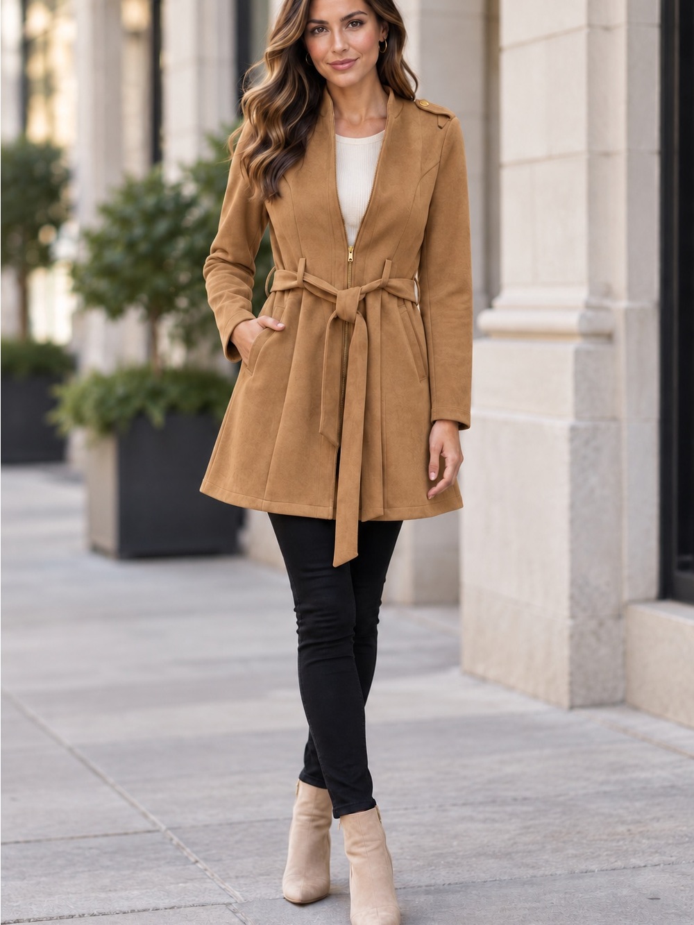 Privy Camel Faux Suede Belted Trench Coat L